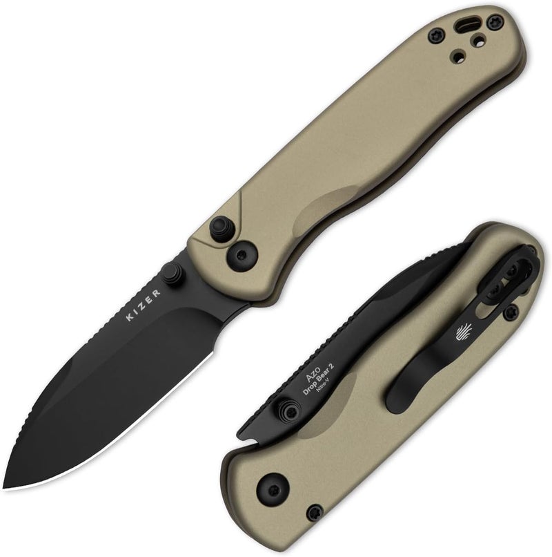 KIZER Drop Bear 2 Pocket Knife, 2.92" Nitro-V Drop Point Blade Folding Knife with Tan Aluminum Handle, Button Liner Lock EDC Knives with Jimping on Spine for Men Women V3619.2CD1 - Image 1